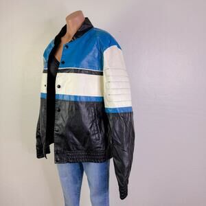 Fried Denim Faux Leather Racing Motorcycle Moto Biker Jacket Blue Black Sz L NWT